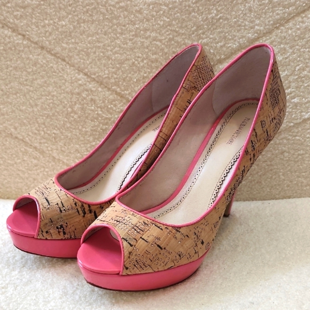 Pour La Victoire Pink and Cork Peep Toe Heels